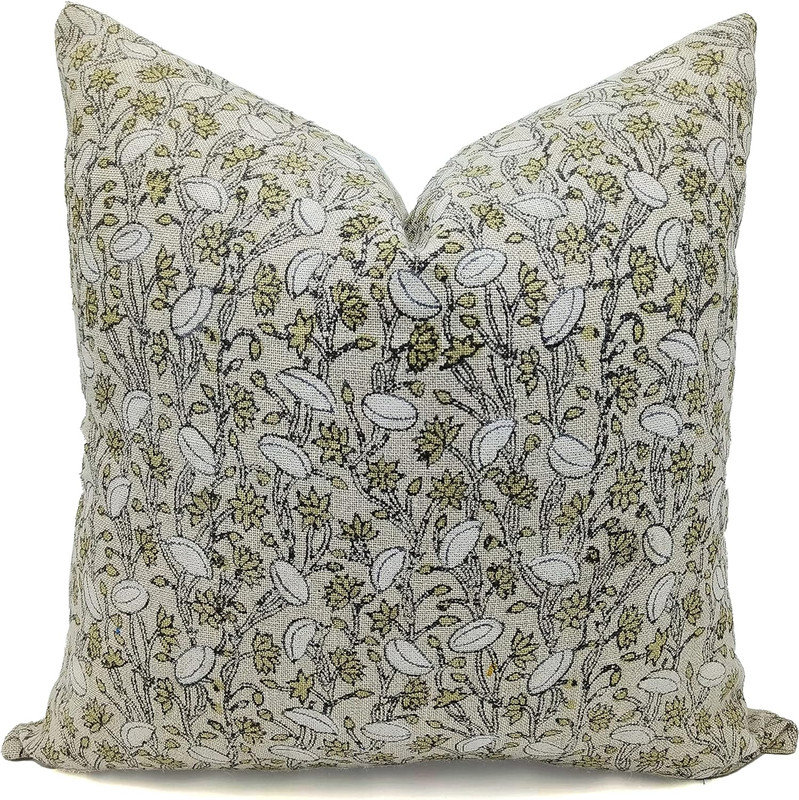 Housse de coussin intérieur / extérieur Floral Linen, 24 po x 24 po, Vert / noir / motif floral beige 1, Carré