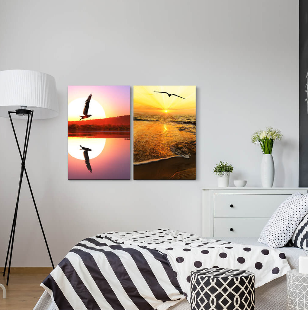 2-tlg. Leinwandbilder-Set - Fotografie „Eagle Flying Sun Sea Beach Twilight Positive Energy”