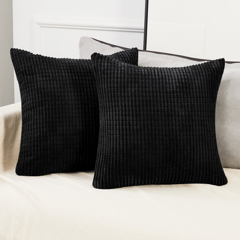 Deconov Ribbed Corduroy Square Throw Pillow Covers (Set of 2), 18" x 18", Black