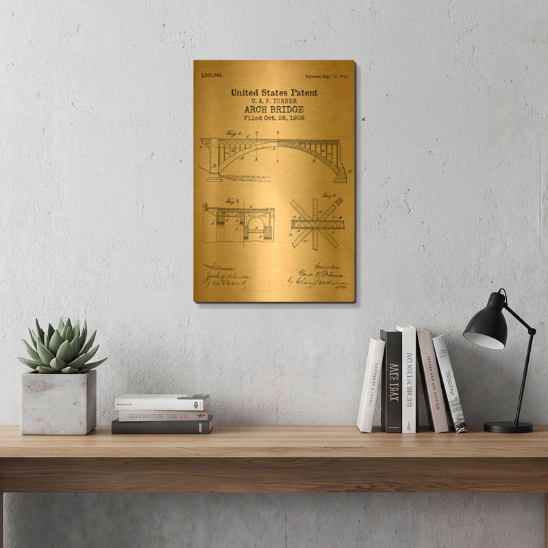 «Arch Bridge Blueprint Brevet Parchment» par LUXE, art mural en métal doré, 16 po x 24 po, 16 po x 24 po