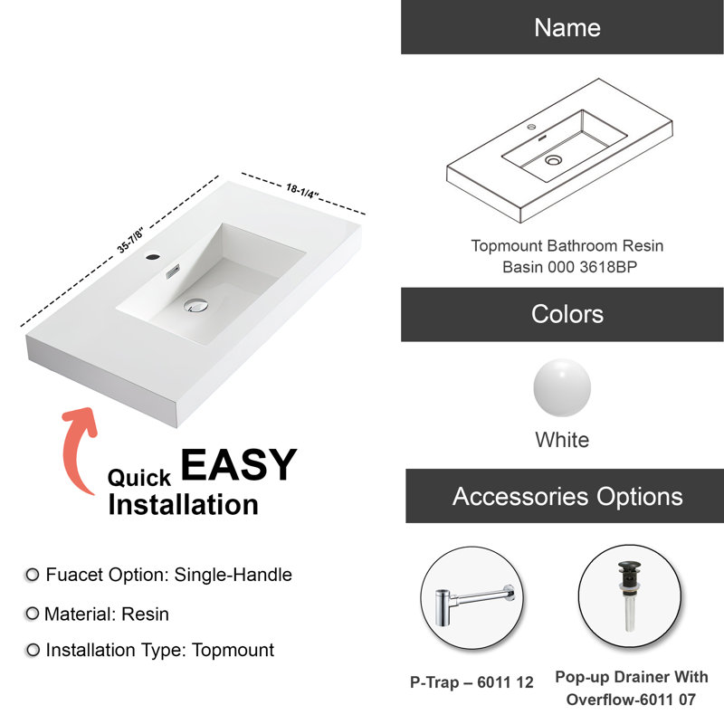 Dowell 36" Rectangular Drop-In Bathroom Sink with Overflow, White