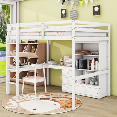 Full Four Drawers Loft Bed With Desk, Storage Shelves And Ladder