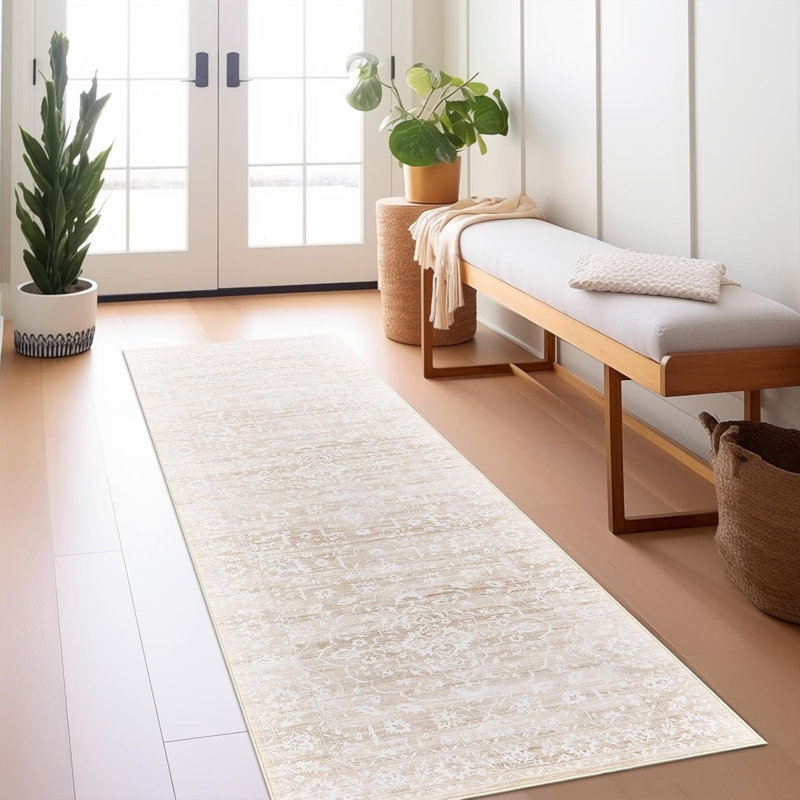 Machine Washable Medallion Floral Area Rug(Beige), Runner 2'6" x 8'