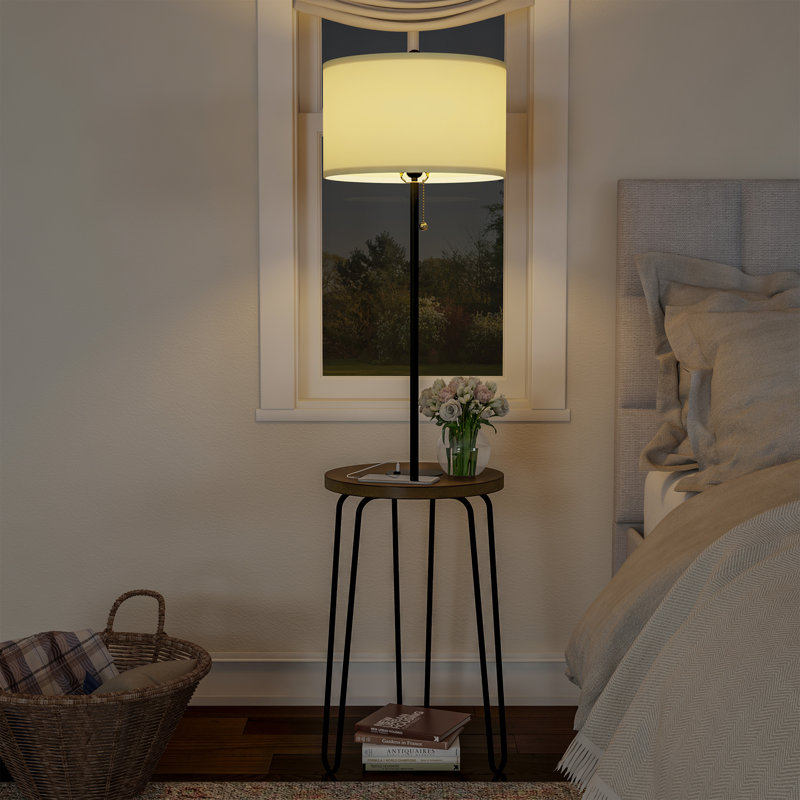 Wrought Studio Floor Lamp with Table - Mid-Century Modern Nightstand or Side Table with USB Port and Hairpin Legs - Standing Light with Shelves