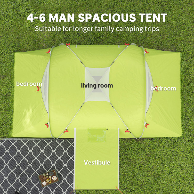 Tente de camping pour 4 à 6 personnes, tente tunnel imperméable avec 3 pièces