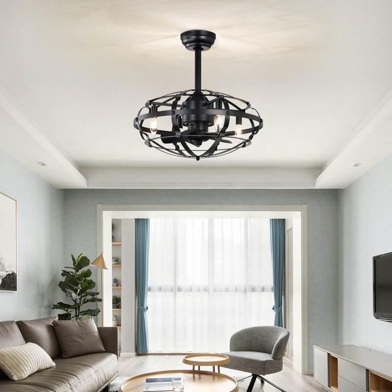Industrial Ceiling Fan Light Kit for Living Room Bedroom Kitchen and Bladeless Caged Ceiling Fan with Lights