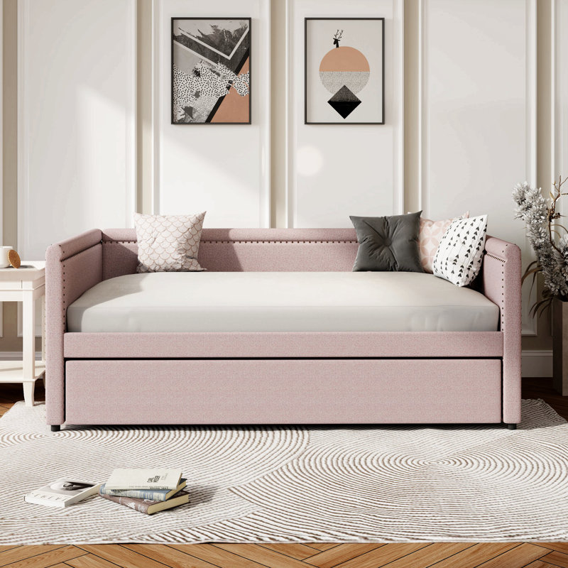 Lit de jour rembourré de style moderne avec lit gigogne pour chambre d'amis, petite chambre à coucher, salle d'étude,, Rose