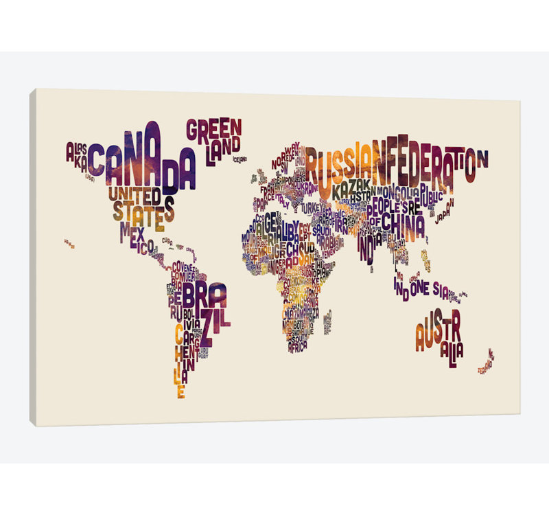 Série de carte du monde : typographie i, impression sur toile tendue, H 18 po x l 26 po x P 1,5 po, Toile avec cadre noir