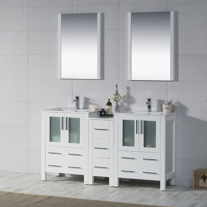 Ensemble de meuble-lavabo double 61 "avec miroir Mance, Blanc lustré