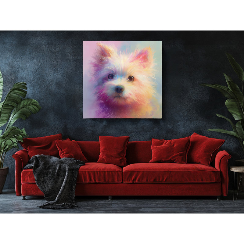 Art mural coloré sur toile, impression de chiot blanc impressionniste, œuvre d'art multicolore pour animal de compagnie
