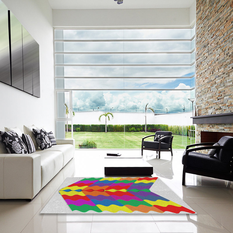 Tapis rouge/jaune/vert à motifs, Carré 7 pi