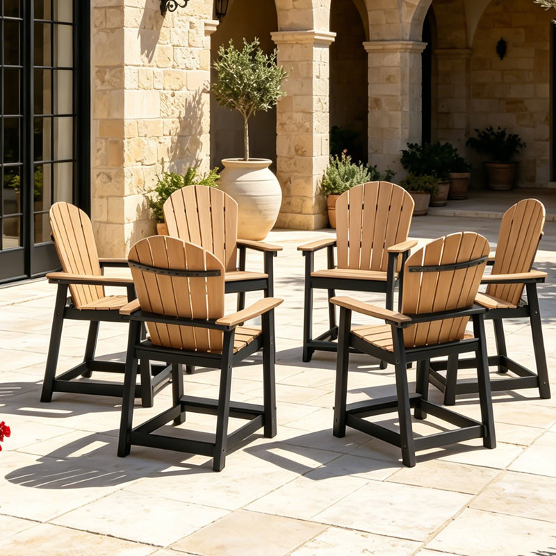 Outdoor HDPE Adirondack Chairs Set of 6, Patio Bar Stools, Black/Brown