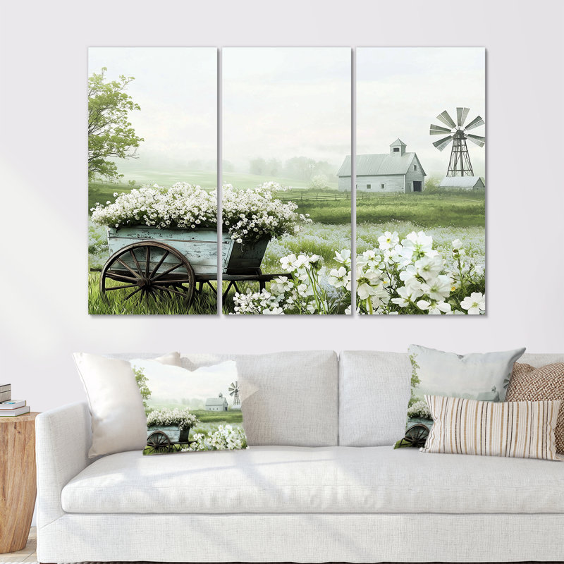 Ensemble de salon à la ferme avec fleurs blanches et vertes I - Farm Farm Wall Wall, H 28 po x l 36 po x P 1 po, Métal métal