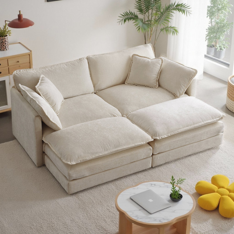 Chenille Upholstered Sectional Sofa Set Modular 2-Seater Loveseat Couch with 2 Ottomans and Pillows for Living Room Furniture