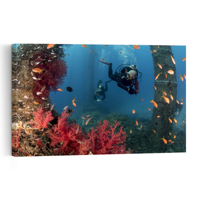 Divers Amidst Coral Pillars Colorful Vibrant Contemporary Fish Ocean Tropical Wall Art Print