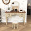 Coiffeuse de maquillage avec miroir, tiroirs et tabouret en cuir