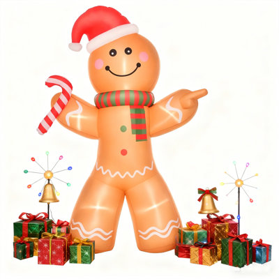 8FT Outdoor Blow-Up Yard Decoration,Christmas Inflatable Gingerbread Man with a Candy Cane with LED Lights Display