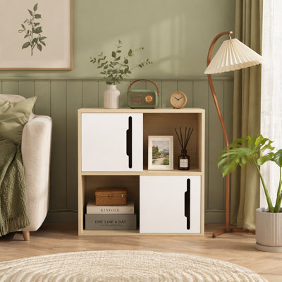 Armoire de rangement moderne en bois avec portes coulissantes, 2 tablettes ouvertes et fermées pour le salon et la chambre à coucher