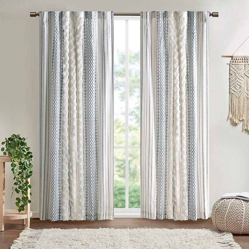 Panneau de rideau en coton avec rayure et doublure en chenille 50 po x 84 po, L 50,03 po x L 84,03 po, Bleu clair / beige