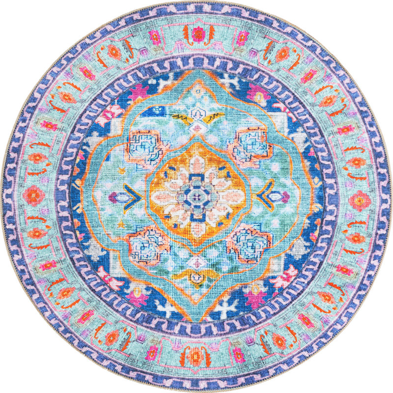 Tapis traditionnel Utin couleur ciel, Rond 3 pi 6 po