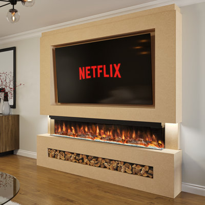 Pre-Built Media Wall Package 7  | Include 72 Inch Spectrum Series 3-Sided Electric Fireplace | TV Feature Wall with LED Flame Effect | Made in the UK