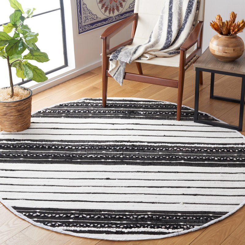 Tapis rayé noir / ivoire Courchevel, Rond 6 pi