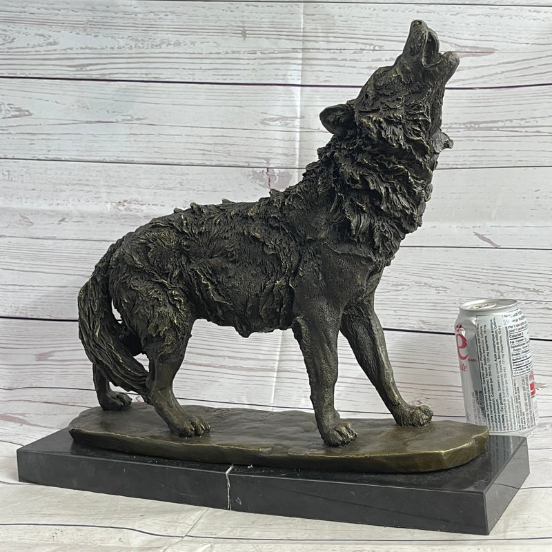 Large Bronze Howling Wolf Figurine with Marble Base