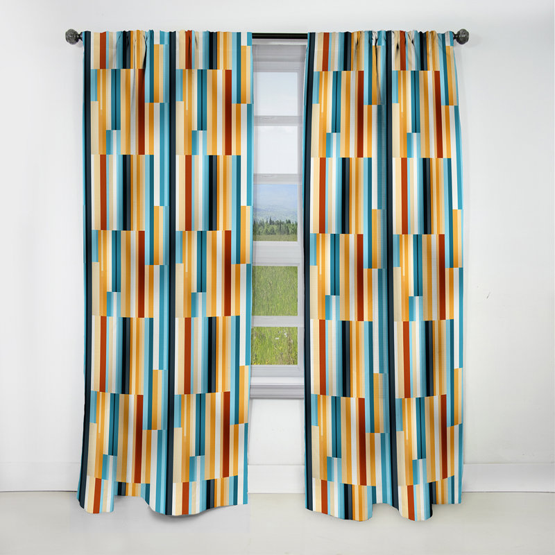 Yellow And Blue Striped Lines Cube Pattern - Stripped Striped Blackout Curtain - 1 Panels, 52" W x 63" L