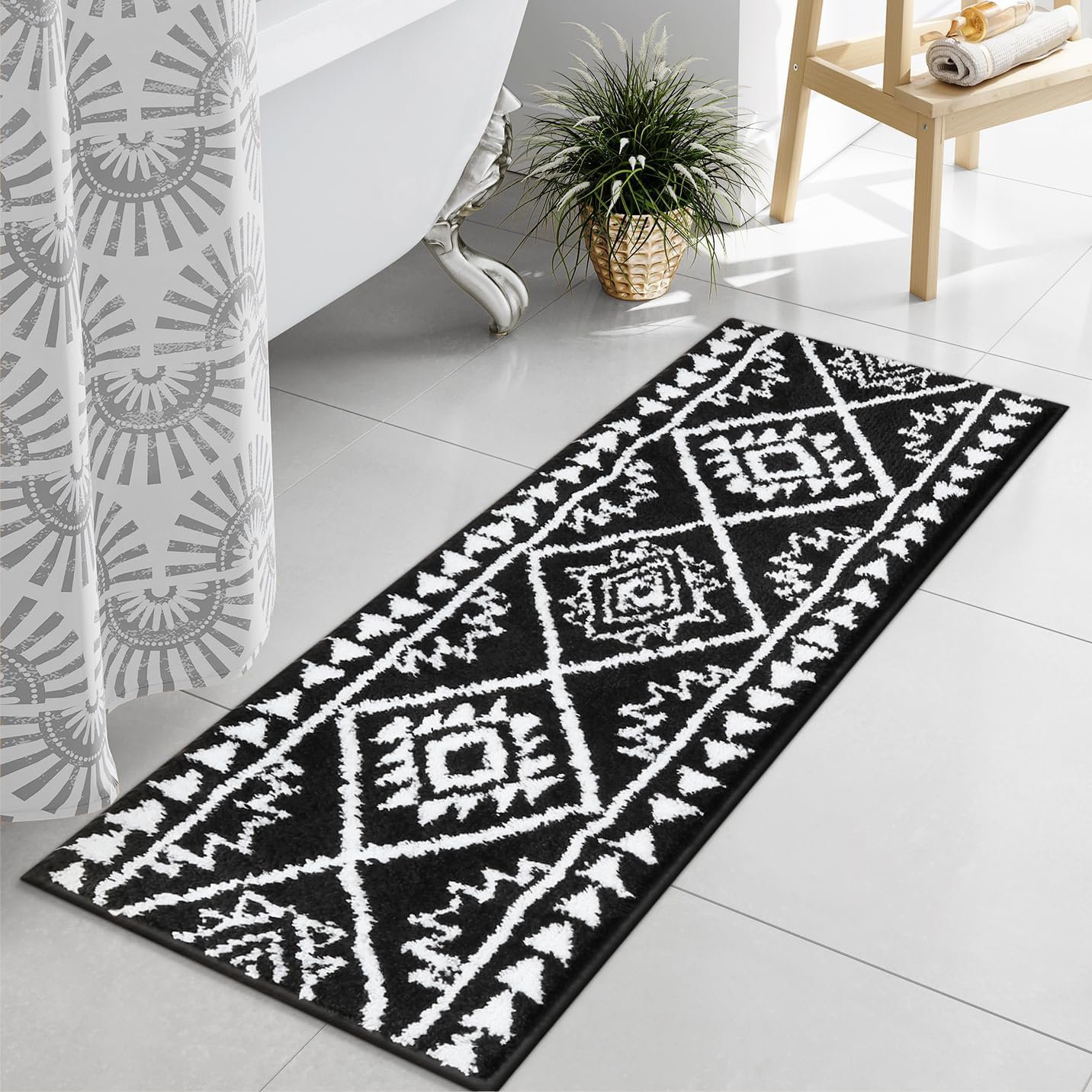 Bungalow Rose Boho Bathroom Runner Rug Black Tribal Long Bathroom