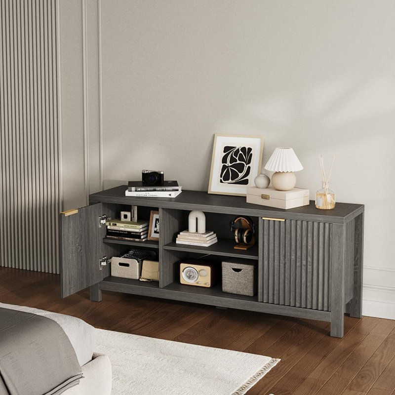 59" Fluted TV Stand for 65 Inch TV, Modern Entertainment Center with Open Shelves & 2 Storage Cabinets, Gray