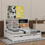 Lit de jour double avec tablettes de rangement, tableau noir, tableau de liège, ports USB et lit gigogne simple