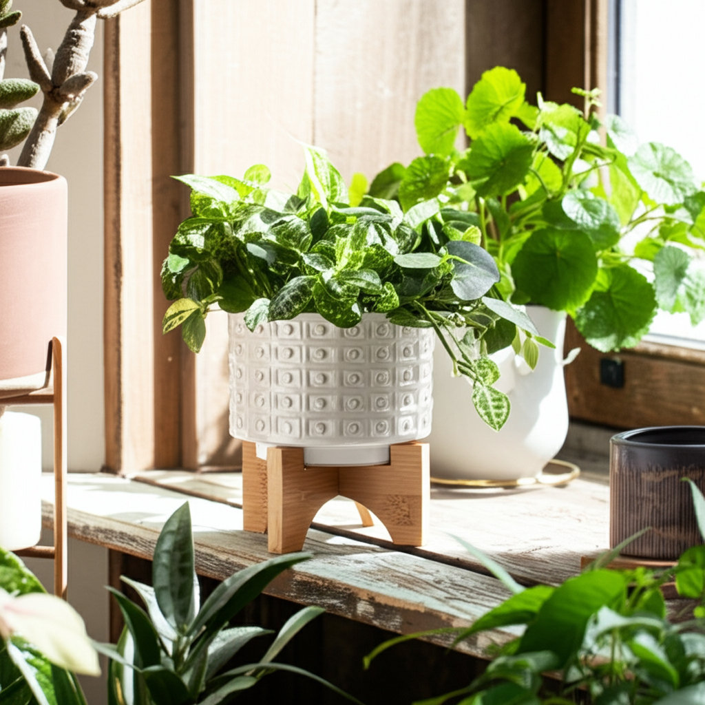 Anfaniola Stoneware Ceramic Planter on Wooden Stand - Bamboo Wood Elevated Indoor/Outdoor Plant Pot Dakota Fields 