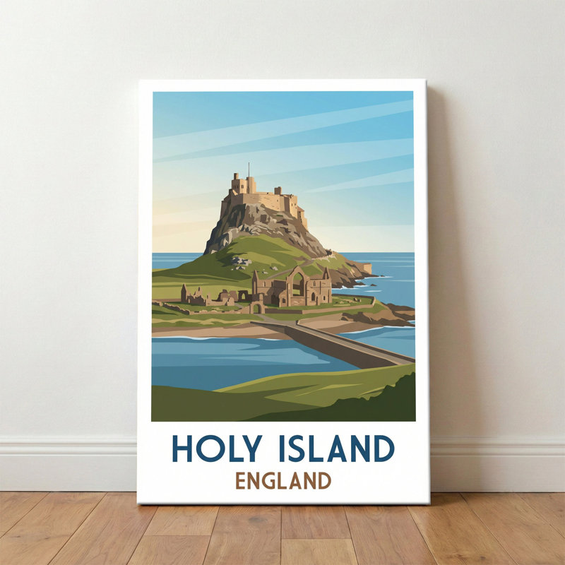 Holy Island, England - Lindisfarne Romance Travel Poster: Tidal Causeway and Castle. Giclee Print on Wrapped Canvas. Wall Art, Home Decor - Religious & Cultural Sites, England 1 Piece Wrapped Canvas Wall Art