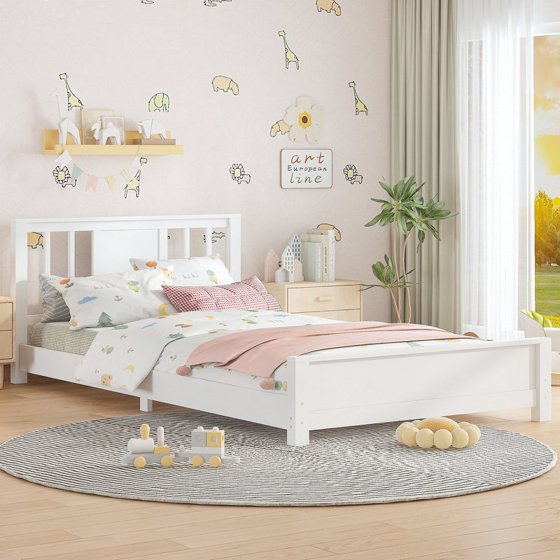 Base de lit plateforme simple avec tête de lit, base de lit plateforme en bois massif, lit de plancher avec lattes de support, blanc