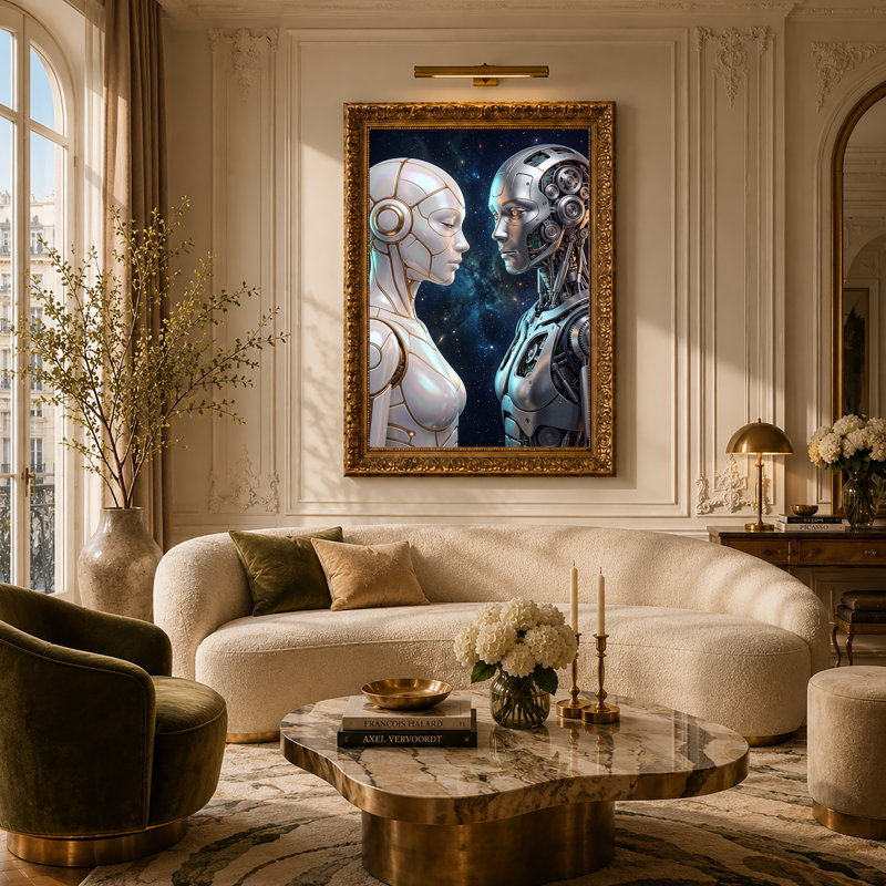 «White and Silver Robots face à face en galaxie», art mural sur toile, H 30 po x l 20 po