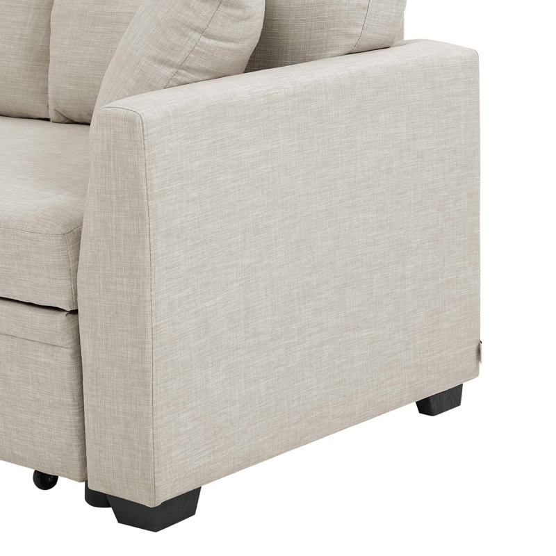 76.5" Linen Blend Upholstered Sectional with Pull-Out Bed and Chaise Storage, Almond