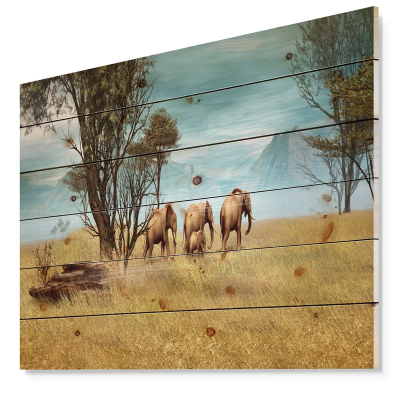 «African Elephants Panorama», photographie, H 15 po x l 20 po x P 1 po, Bois