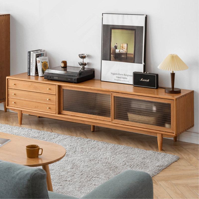 Meuble télé en bois de merisier massif North America FAS Grade avec portes en verre chinois Changhong et deux tiroirs de rangement