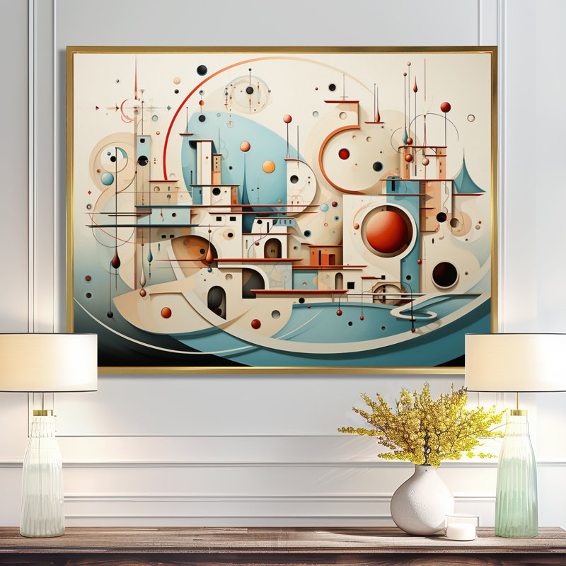 Coastal City Red Moon Rising - art mural paysage urbain, Cadre flottant doré, H 24 po x l 32 po