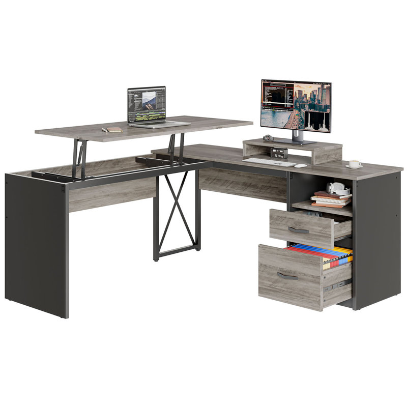 Bureau d'ordinateur en forme de L de L 55,7 po avec tiroirs Nedyo, Gris rétro / chêne foncé