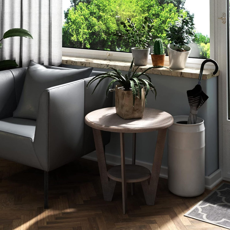  Table de bout en bois rustique avec tablette de rangement, finition gris rétro