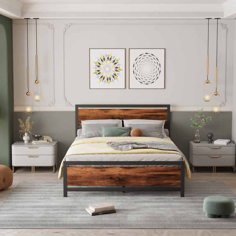Goncalvo Platform Bed with Headboard and Footboard,bed frame, Queen, Black