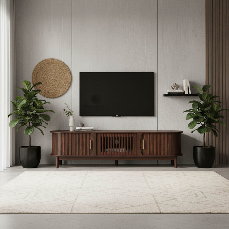 Meuble télé Modern Farmhouse, centre de divertissement en bois rustique pour téléviseur de 75 po, console de 70 po de largeur avec rangement et tablettes
