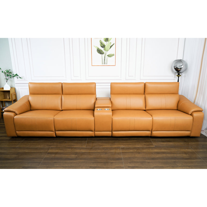 Canapé modulaire en cuir orange 5 pièces avec espace de rangement et sièges inclinables électriques, confortable pour un espace de vie principal, style moderne, rembourrage en coton technique