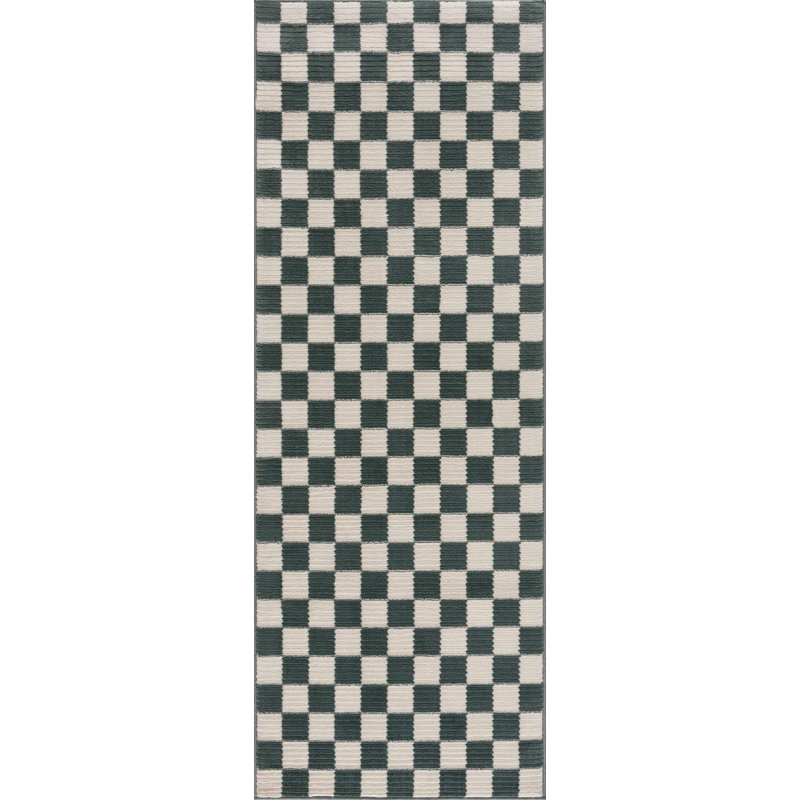 Chuby Checkered Machine Washable Cream / Off White / Petrol Blue Area Rug, Runner 2'7" x 10', Petrol Blue