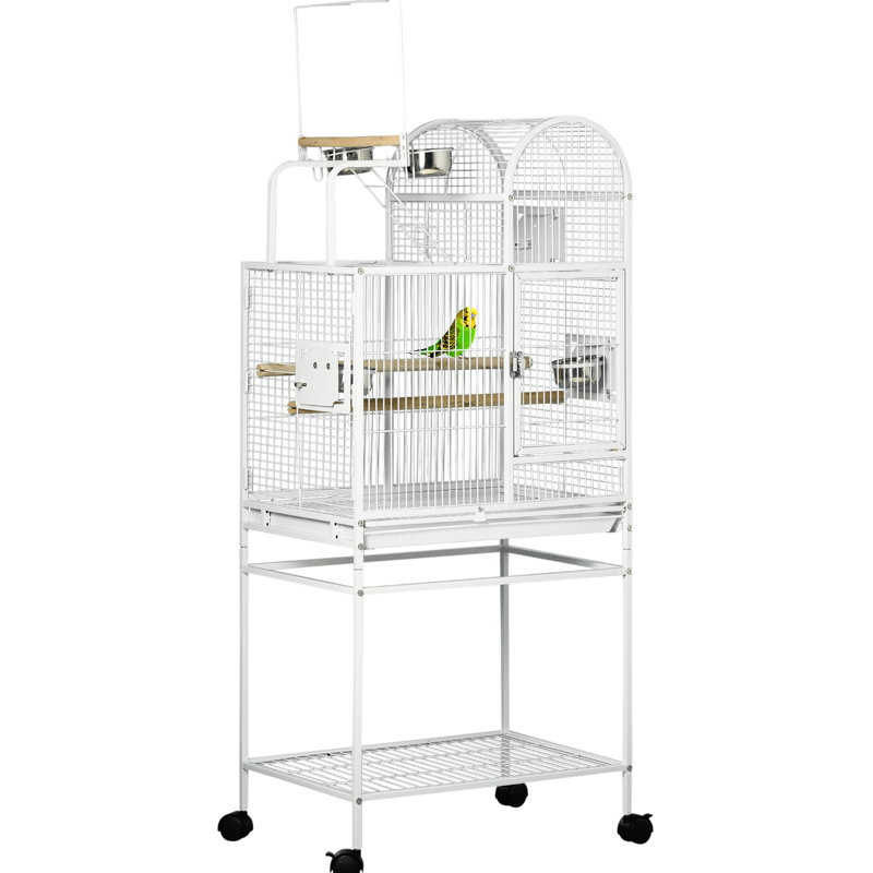 Cage à perroquet de 55 po, acier blanc, crochets d'assimilation, perchoirs, gobelets à nourriture, support roulant pour volière de tourtereaux, perroquets