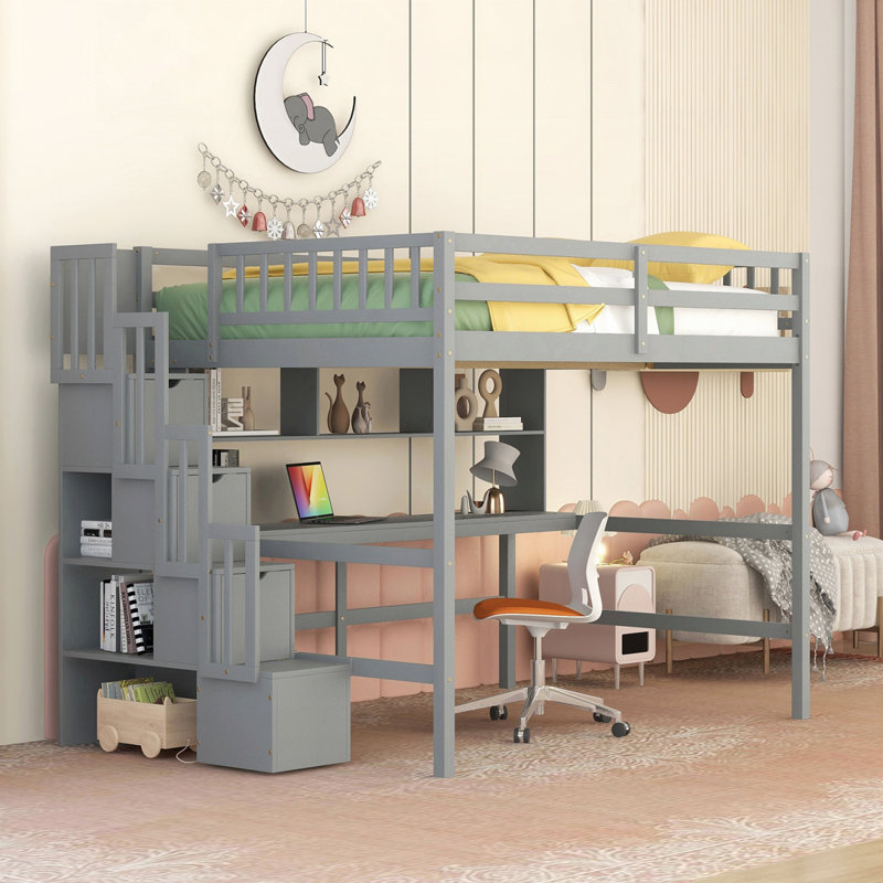Lit mezzanine double avec bureau, gris