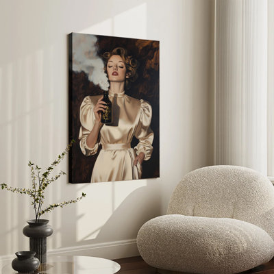 Peinture à l'huile vintage des années 1950 représentant une élégante dame tenant une bouteille de fumée, grande toile tendue sur châssis, idéale pour le salon ou la chambre.