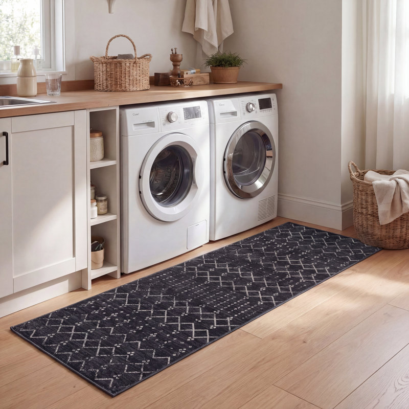 Leila Moroccan Diamond Trellis Machine-Washable Rug, Dark Gray/Ivory, Runner 2' x 8'