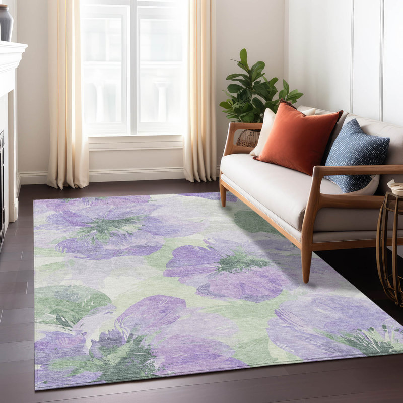 Lavender and Green Floral Washable Synthetic Area Rug